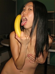 Drunk asian girlfriend with threatening banana
